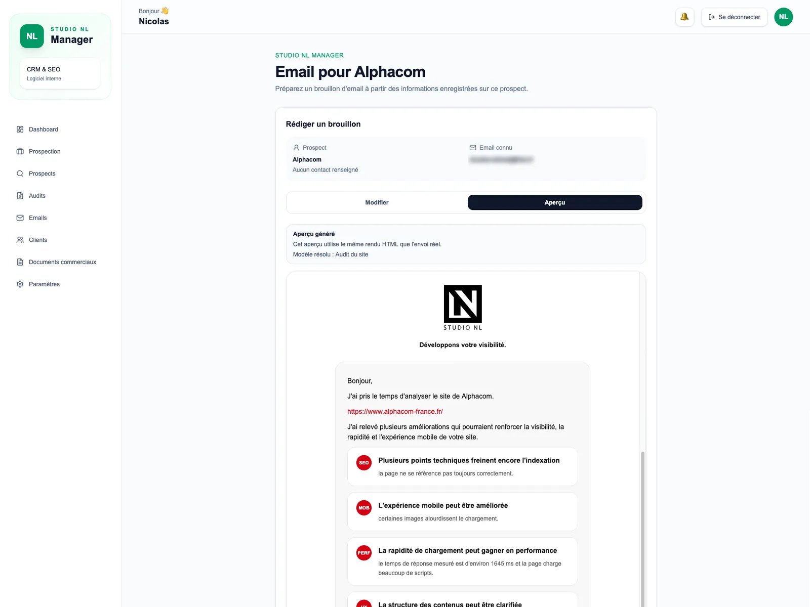 Rapport d'audit SEO généré dans Studio NL Manager