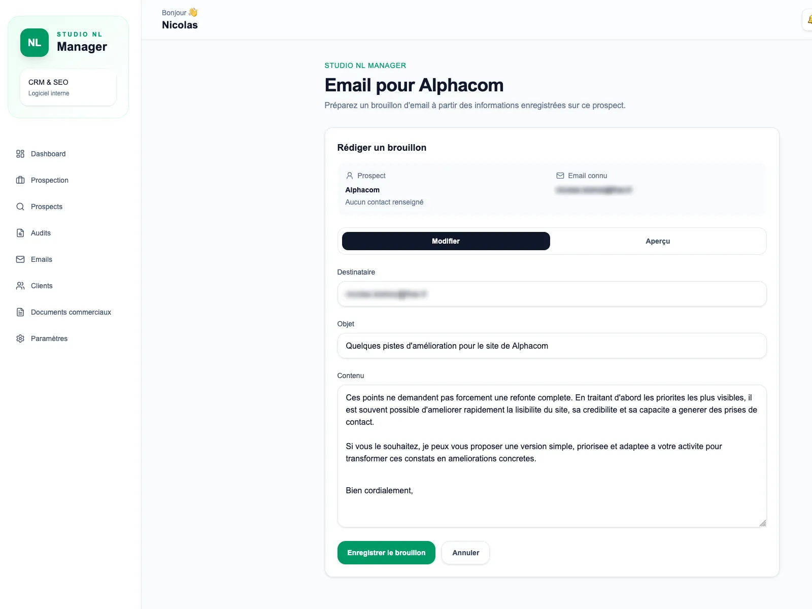 Module de prospection et d'analyse SEO de Studio NL Manager